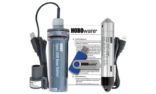 Kompletny zestaw HOBO: rejestrator U20-001-02, stacja bazowa BASE-U-4 z adapterami, pendrive z oprogramowaniem HOBOware Pro i instrukcja