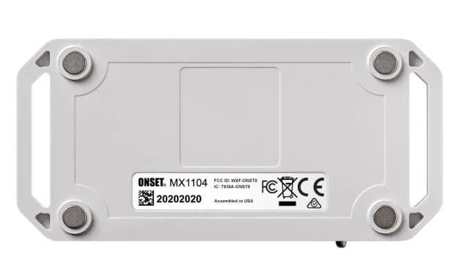 Rejestrator HOBO MX1104 od przodu — widoczny wyświetlacz LCD z wskaźnikami pamięci i trybu rejestracji (miniatura)