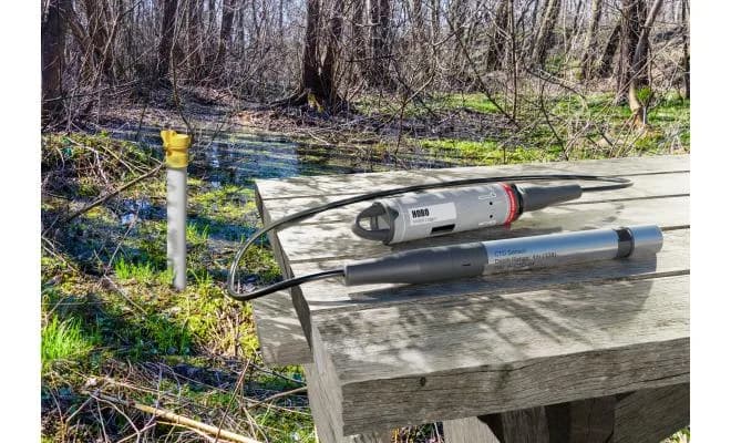 Rejestrator HOBO MX802 z podłączonym czujnikiem CTD przygotowany do pracy w terenie przy mokradłach (miniatura)