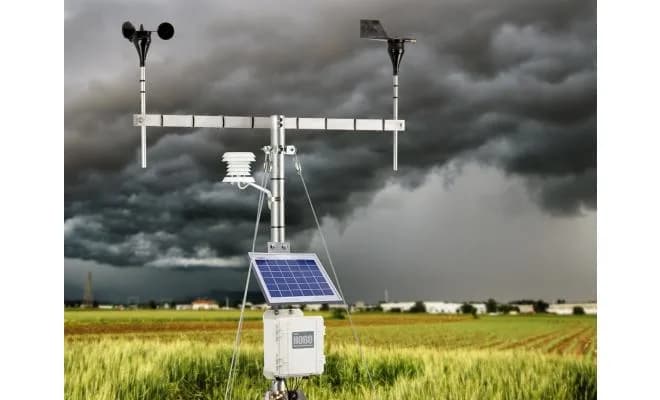 Panel słoneczny 5 W zamontowany na stacji meteorologicznej w polu podczas burzowej pogody (miniatura)