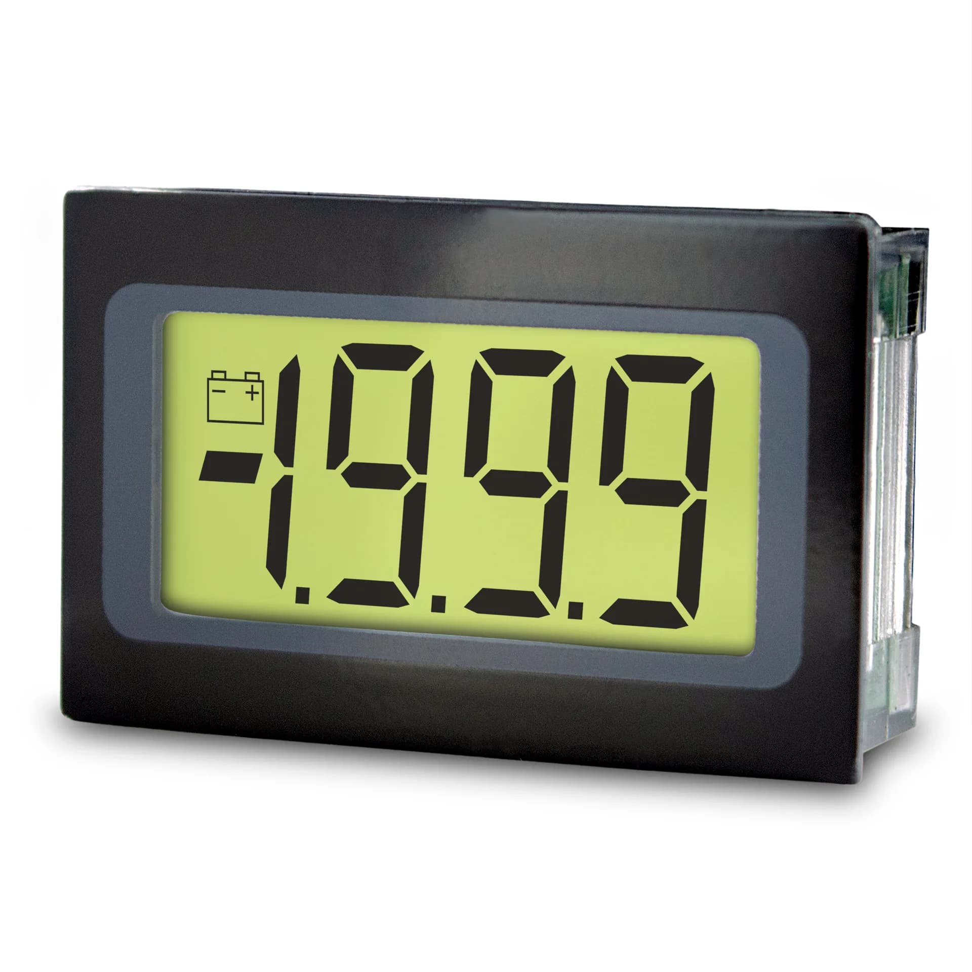 Niskoprofilowy woltomierz panelowy Lascar SP 200 z wyświetlaczem LCD.