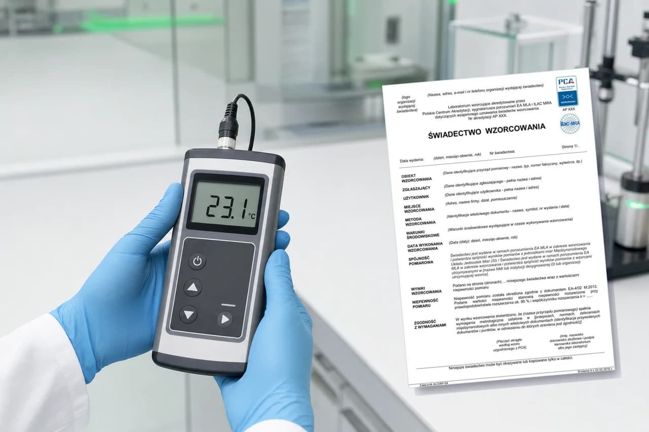 Dłonie w niebieskich rękawiczkach laboratoryjnych trzymające miernik i świadectwo wzorcowania PCA