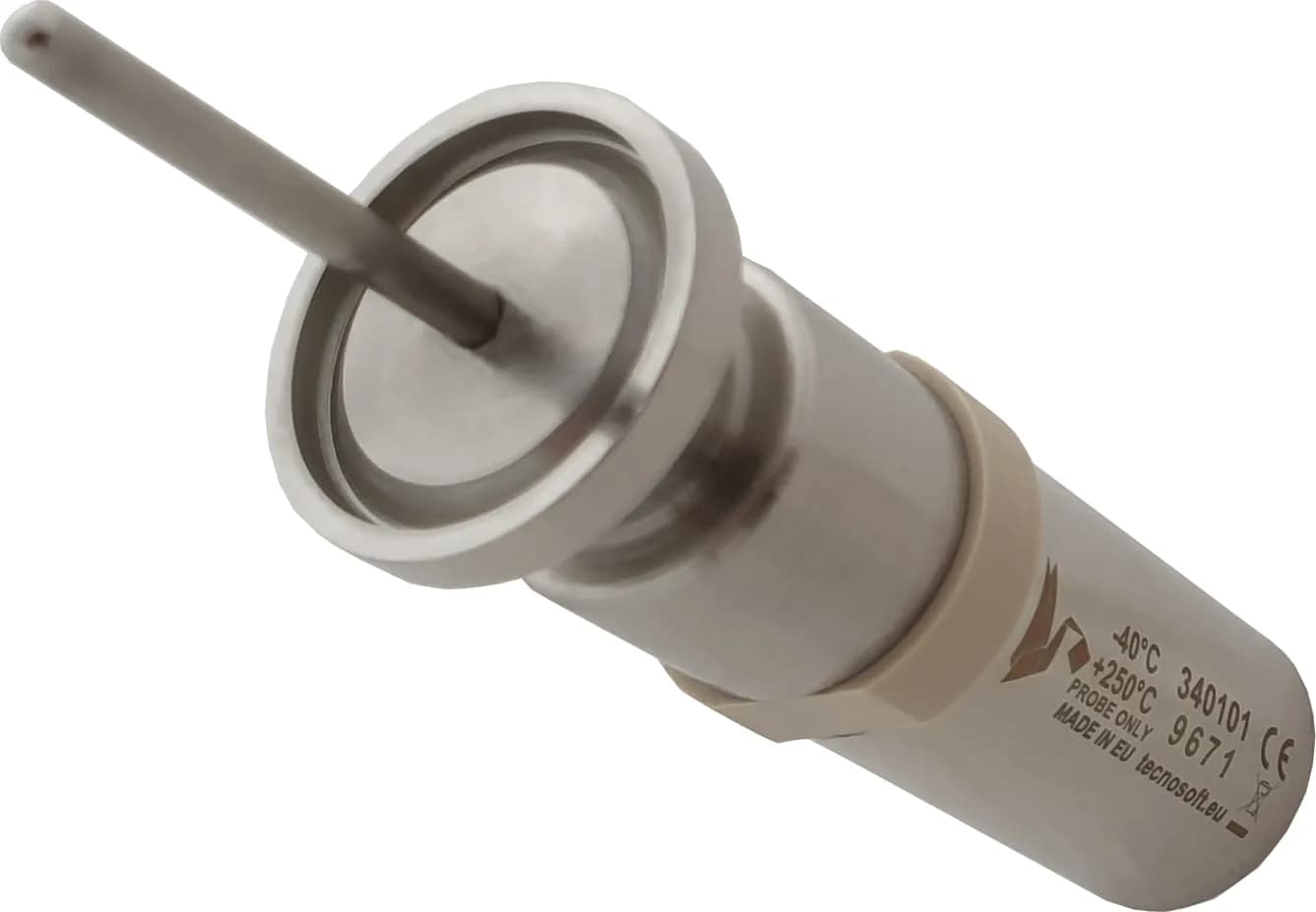 Rejestrator temperatury Tecnosoft MicroW L ze złączem Tri-Clamp — widok ukośny ukazujący kompaktową obudowę ze stali AISI316L i sondę pomiarową