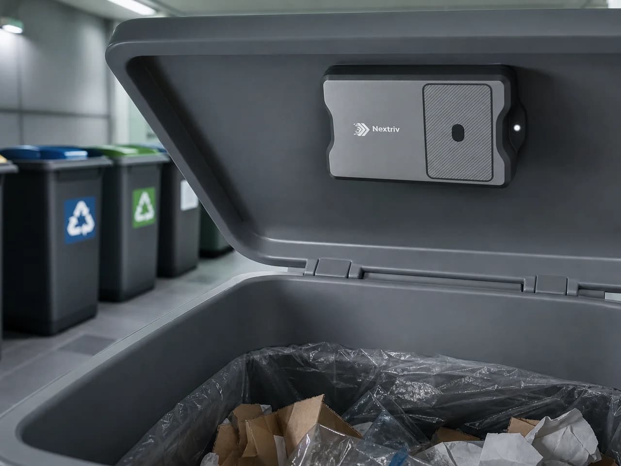Smart monitoring koszy na odpady w budynku biurowym — Nextriv Sense Waste