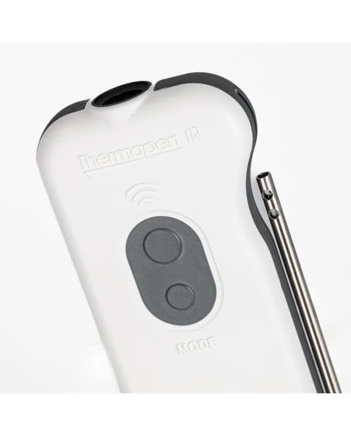 Zbliżenie przycisków trybu i czujnika podczerwieni w obudowie Thermapen IR Air z opisem Thermapen IR