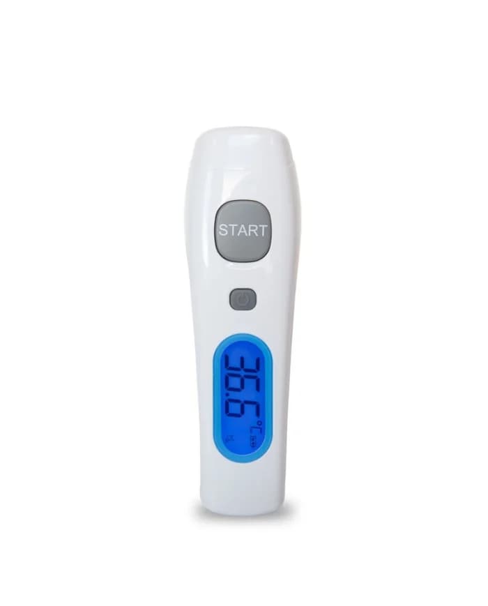 Duży wyświetlacz LCD termometru ETI 801-590 z niebieskim podświetleniem pokazujący czytelny wynik 36,6°C