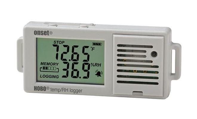 Wyświetlacz LCD rejestratora HOBO UX100-003 z odczytem temperatury, wilgotności oraz stanem pamięci