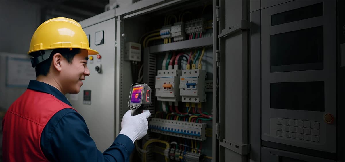 Elektryk w kasku kontroluje rozdzielnicę kamerą termowizyjną Guide E4S
