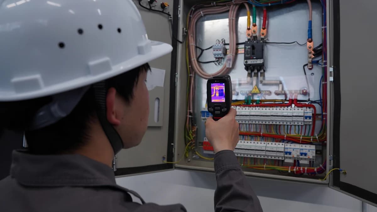 Elektryk w kasku mierzy kamerą Guide serii EasIR aparaty w otwartej rozdzielnicy