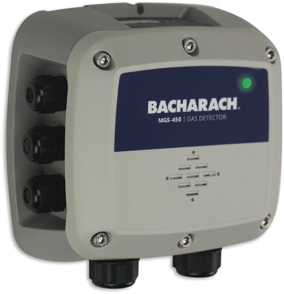 Detektor MSA Bacharach MGS-450 w wykonaniu IP41 ujęty pod kątem, z dławnicami po bokach i zieloną diodą stanu