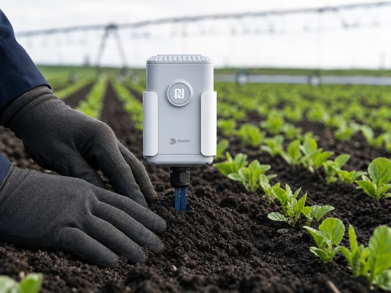 Sonda glebowa Nextriv Probe Soil zakopana w strefie korzeniowej, z nadajnikiem radiowym nad gruntem