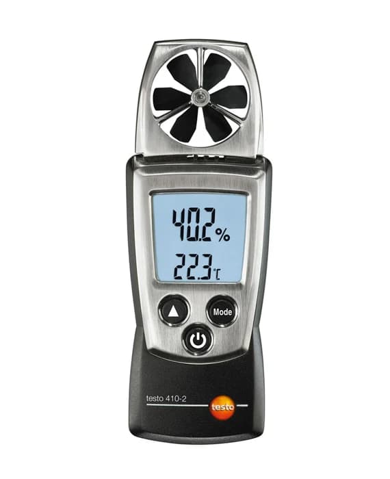 Anemometr wiatraczkowy Testo 410-2 od przodu, z odczytem wilgotności względnej i temperatury powietrza