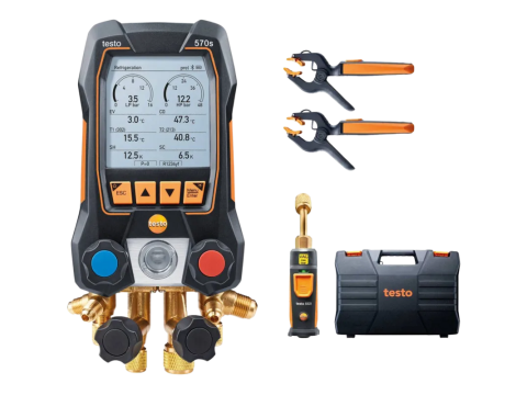 Elektroniczna oprawa zaworowa Testo 570s z aplikacją temperatury oraz sondami temperatury i pomiaru próżni