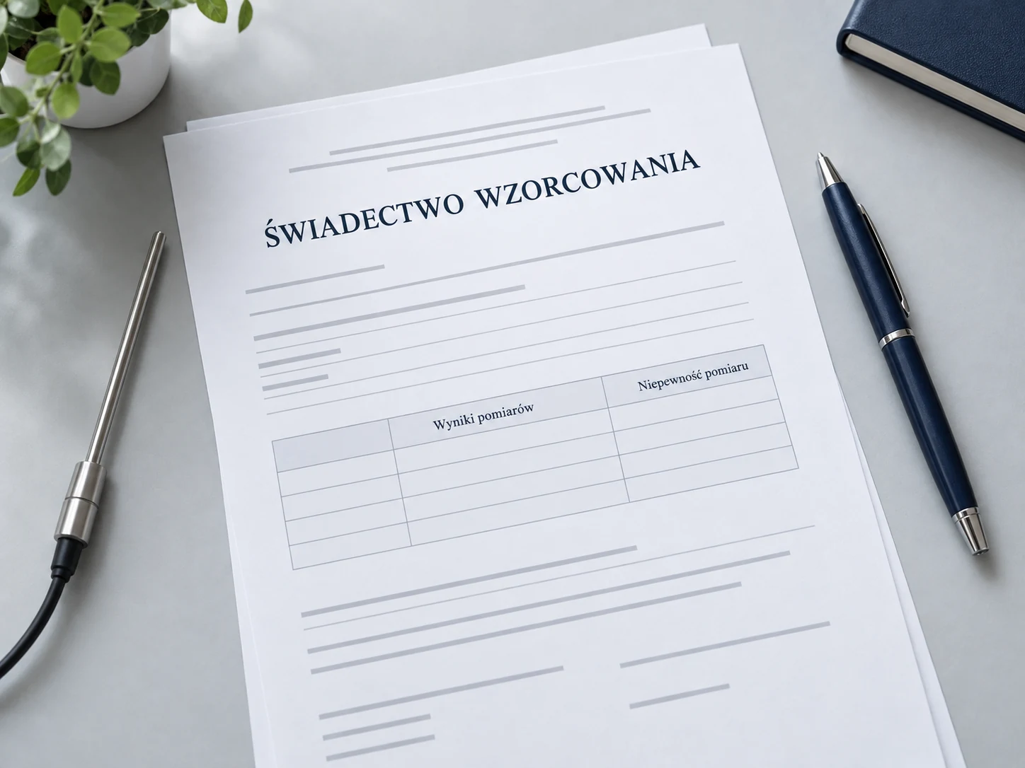 Ilustracja świadectwa wzorcowania z tabelą wyników i niepewności pomiaru