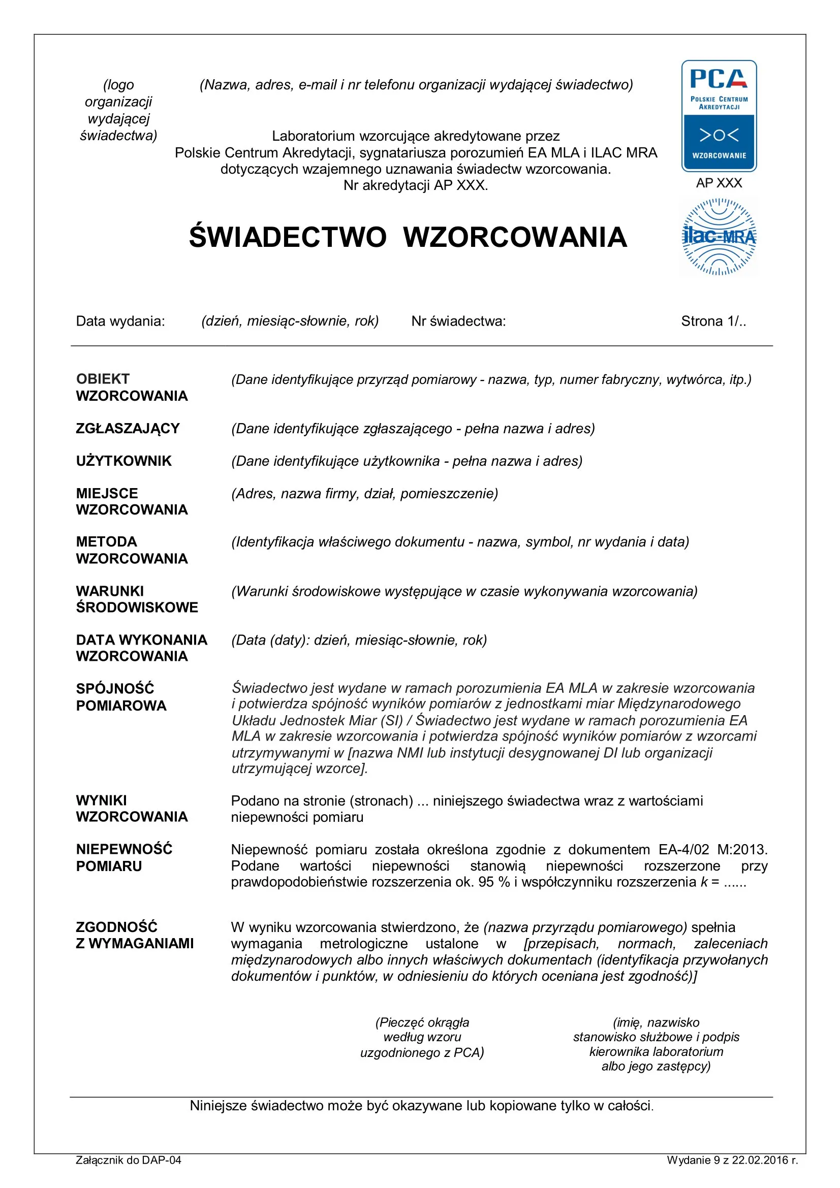 Przykładowe świadectwo wzorcowania akredytowanego PCA (ISO/IEC 17025)